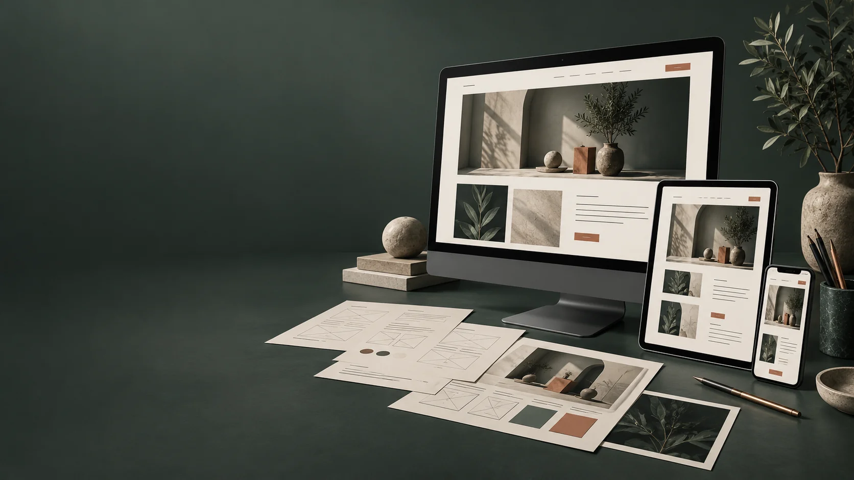 Desktop, tablet and mobile website designs in a softly lit creative studio