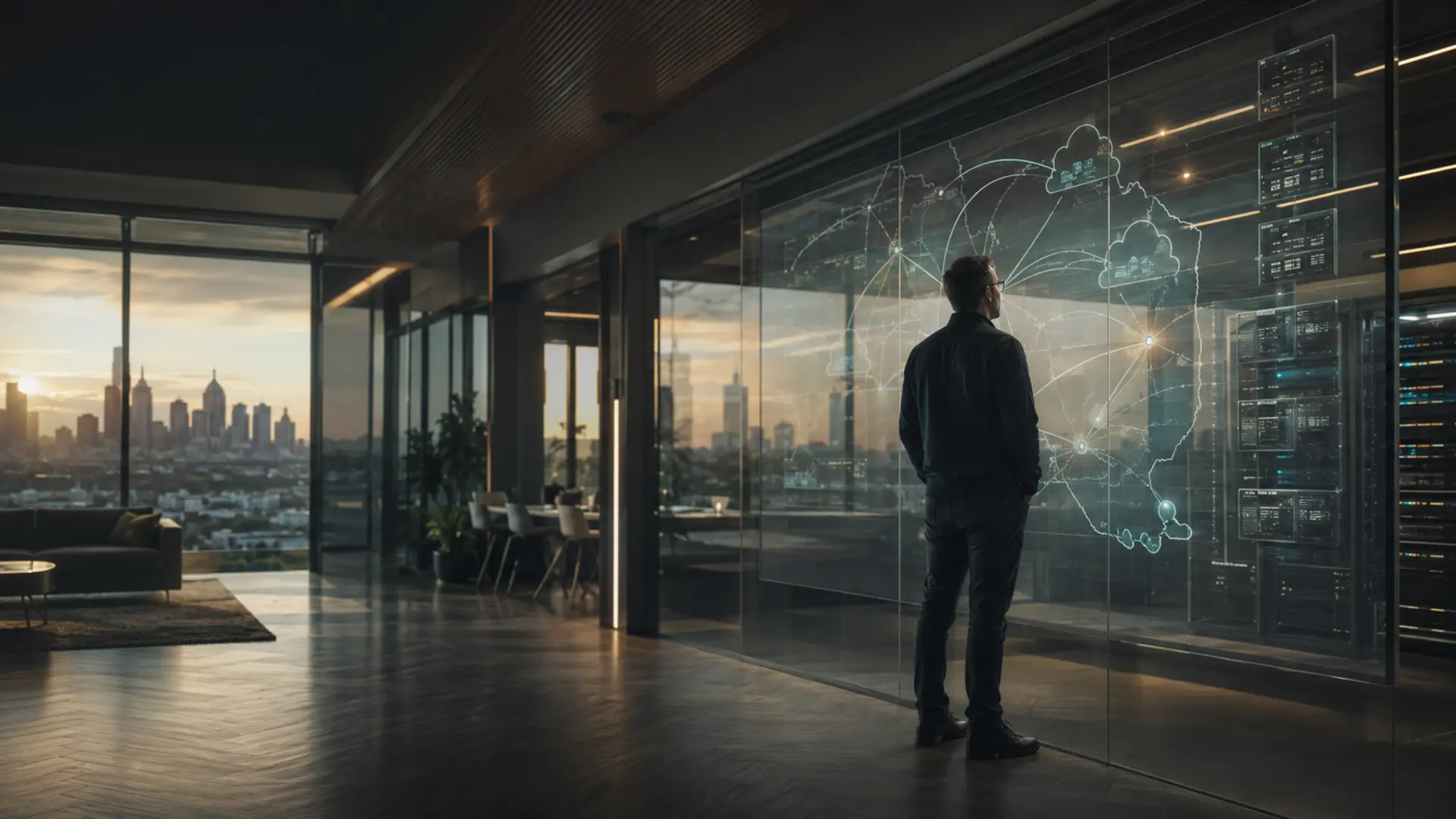 Infrastructure specialist reviewing connected cloud and server systems